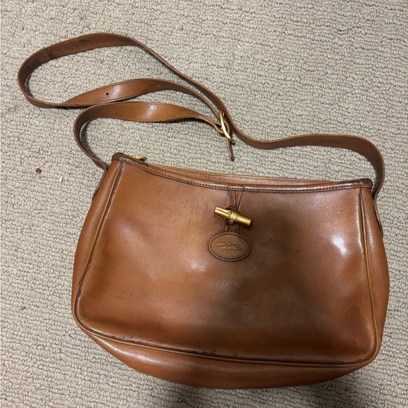 Longchamp Handbags - Longchamp Classic Brown Leather Shoulder Bag with Gold Accent